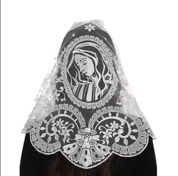 white virgn mery Elegant Icon of the Virgin Mary Lace Church Head Covering