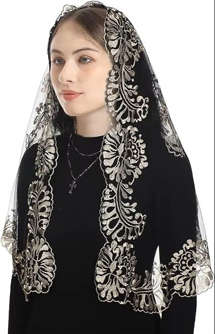Sacred Holy Spirit & Cross Embroidered Lace Church Head Covering
