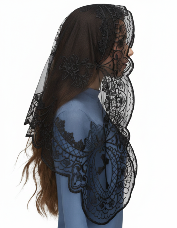 Elegant Latin Cross and Lily Lace Black Church Head Covering