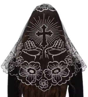 Sacred Cross & Praying Hands Embroidered Lace Church Head Covering