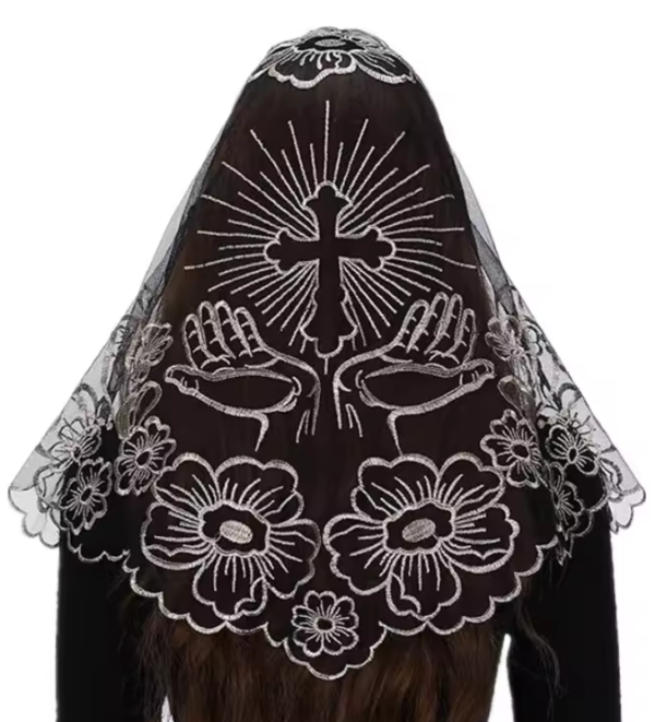 beige on the back Sacred Cross & Praying Hands Embroidered Lace Church Head Covering