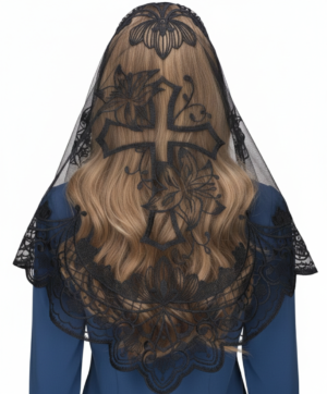 Elegant Latin Cross and Lily Lace Black Church Head Covering