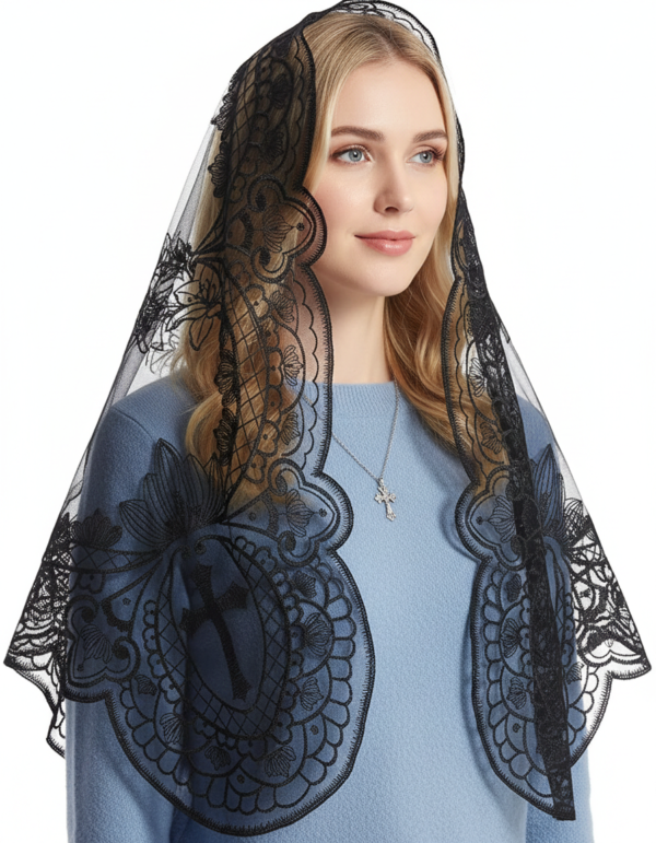 Elegant Latin Cross and Lily Lace Black Church Head Covering