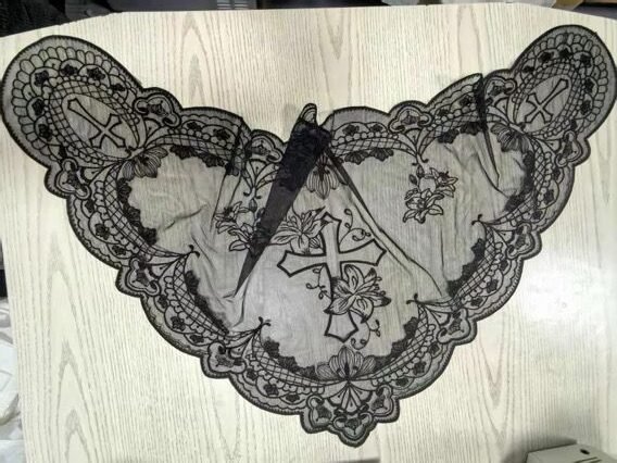 Elegant Latin Cross and Lily Lace Black Church Head Covering