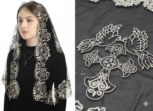 Sacred Holy Spirit & Cross Embroidered Lace Church Head Covering