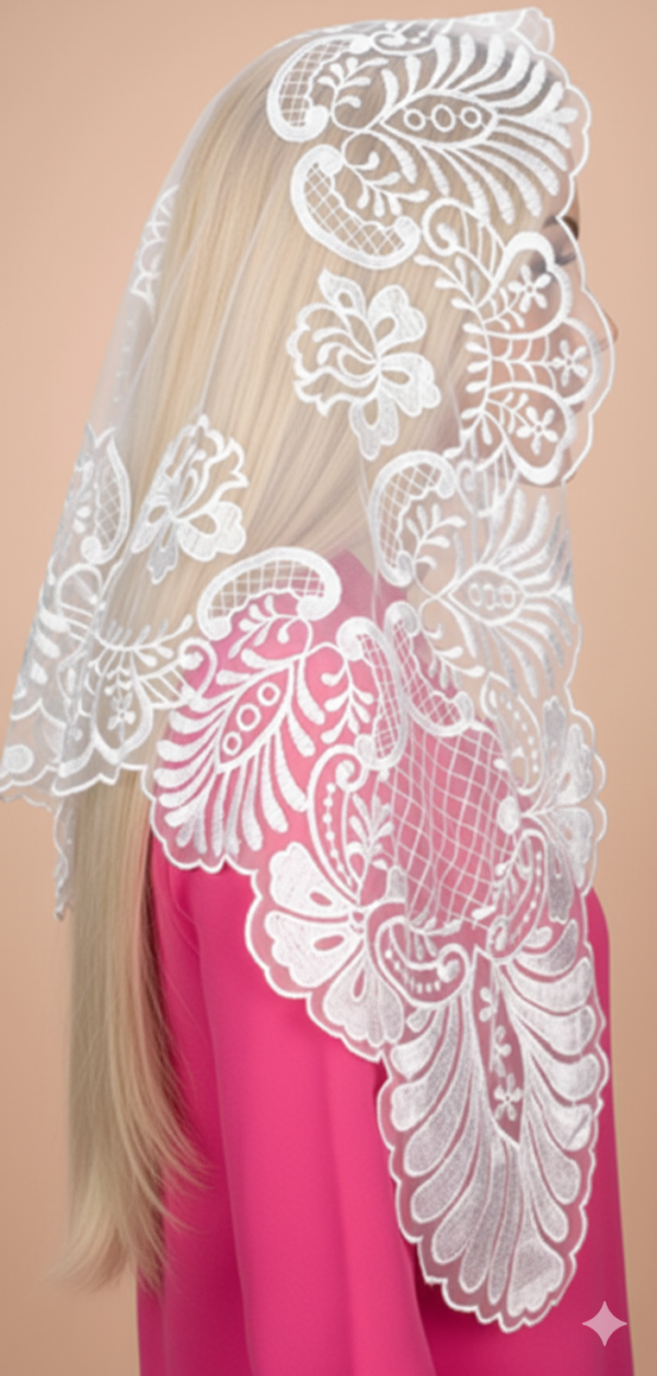 Elegant Ornate Floral Cross Lace Church Head Covering (120x60cm)