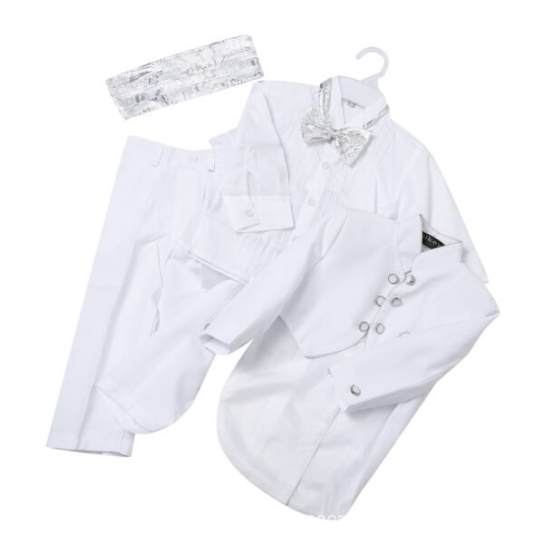 1 (12) Premium Boys' 5-Piece White Formal Tailcoat Suit with Silver Paisley Brocade Accents