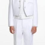 Premium Boys' 5-Piece White Formal Tailcoat Suit with Silver Paisley Brocade Accents