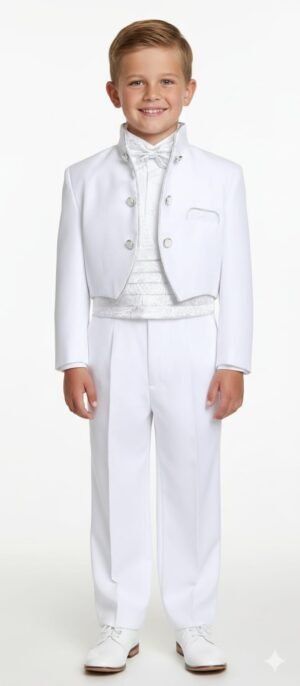 Premium Boys' 5-Piece White Formal Tailcoat Suit with Silver Paisley Brocade Accents