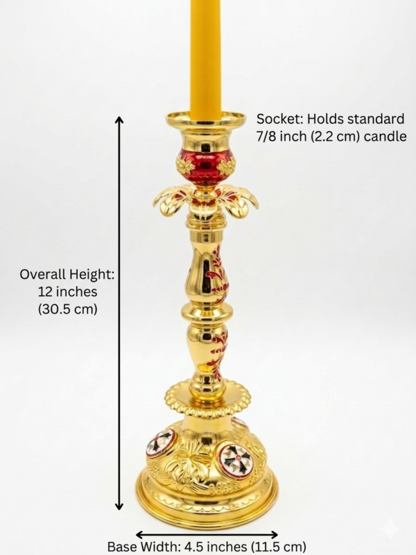 Gold Plated Orthodox Candle Holder with Red Enamel & Vigil Oil Cup