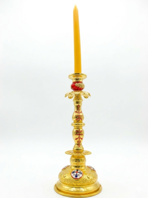 Gold Plated Orthodox Candle Holder with Red Enamel & Vigil Oil Cup