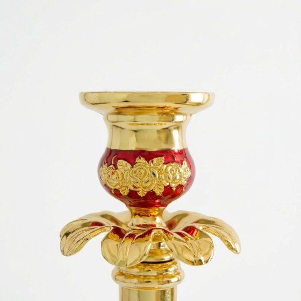Gold Plated Orthodox Candle Holder with Enamel Cross Emblem & Floral Details