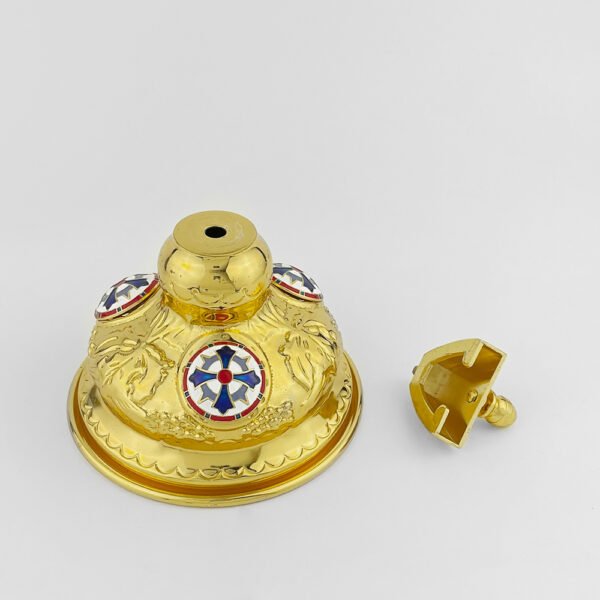 Gold Plated Orthodox Candle Holder with Enamel Cross Emblem & Floral Details