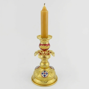 Gold Plated Orthodox Candle Holder with Enamel Cross Emblem & Floral Details