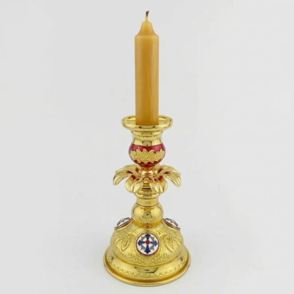 Gold Plated Orthodox Candle Holder with Enamel Cross Emblem & Floral Details