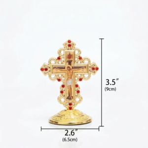 Orthodox Table Cross with Stand – Metal Jesus Icon Crucifix for Home Decor, Prayers & Altar – Jerusalem Style Devotional Gift