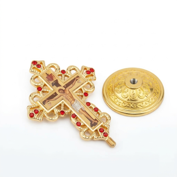 Orthodox Table Cross with Stand – Metal Jesus Icon Crucifix for Home Decor, Prayers & Altar – Jerusalem Style Devotional Gift