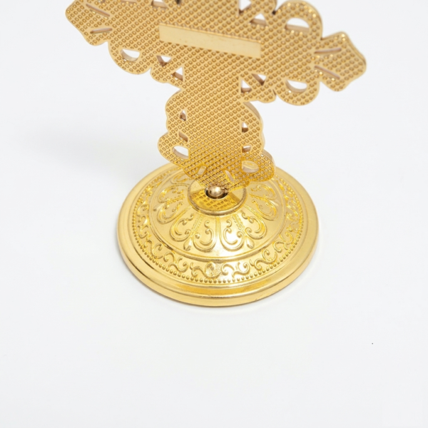 Orthodox Table Cross with Stand – Metal Jesus Icon Crucifix for Home Decor, Prayers & Altar – Jerusalem Style Devotional Gift