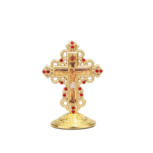 Orthodox Table Cross with Stand – Metal Jesus Icon Crucifix for Home Decor, Prayers & Altar – Jerusalem Style Devotional Gift