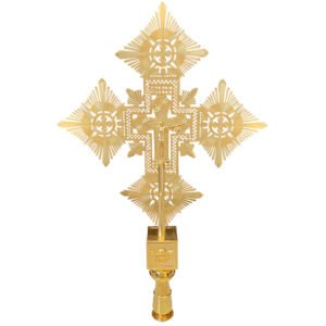 Gilded Sunburst Orthodox Processional Hand Cross with Crucifix and Angel Motif 82.5x 50.5 cm