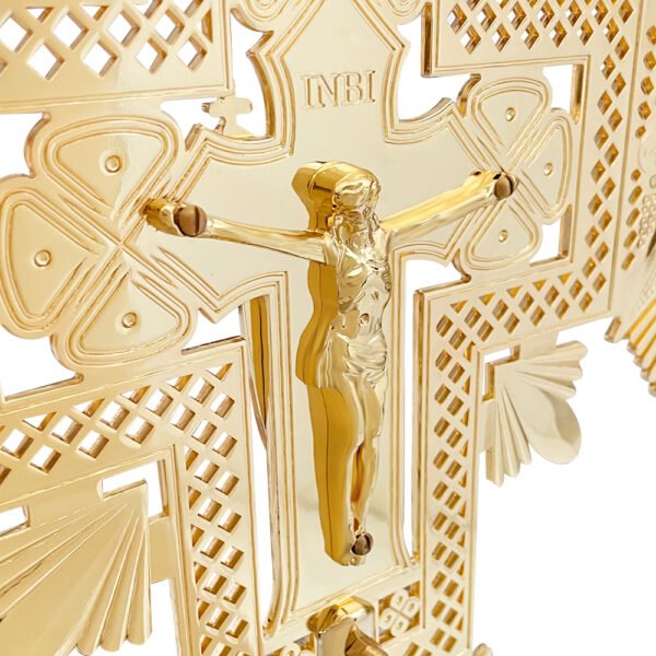 Gilded Sunburst Orthodox Processional Hand Cross with Crucifix and Angel Motif 82.5x 50.5 cm