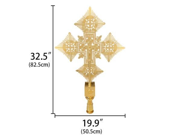 Gilded Sunburst Orthodox Processional Hand Cross with Crucifix and Angel Motif 82.5x 50.5 cm