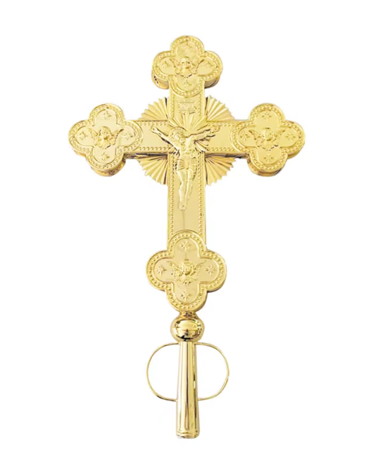 Double-Sided Gold Alloy Metal Orthodox Crucifix with Prayer Handle 75*45cm
