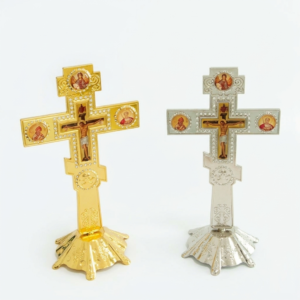 Orthodox Blessing Cross with Stand (Gold/Silver, Rhinestones) 18.5 x 10 cm