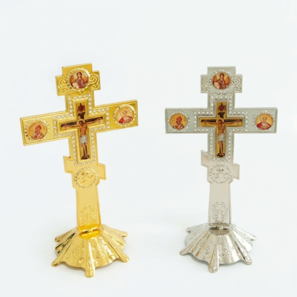 Orthodox Blessing Cross with Stand (Gold/Silver, Rhinestones) 18.5 x 10 cm