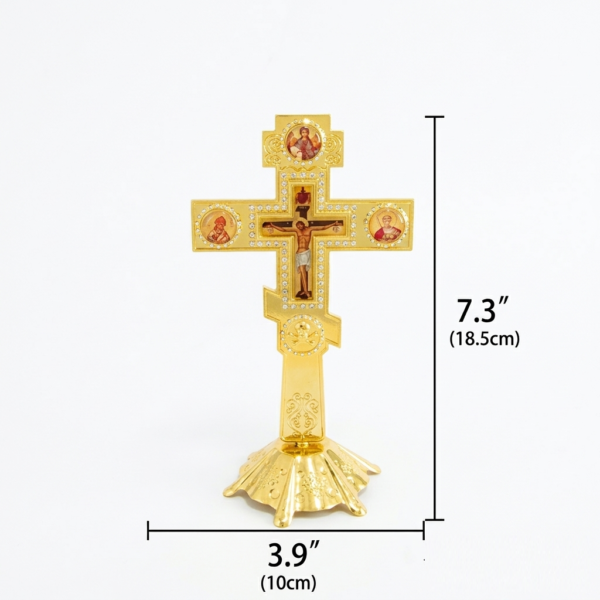Orthodox Blessing Cross with Stand (Gold/Silver, Rhinestones) 18.5 x 10 cm