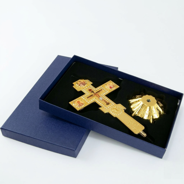 Orthodox Blessing Cross with Stand (Gold/Silver, Rhinestones) 18.5 x 10 cm