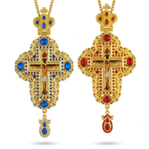 Gold-Plated Orthodox Bishop Pectoral Cross – Ornate Jesus Crucifix Necklace with Customized Enamel & Crystals