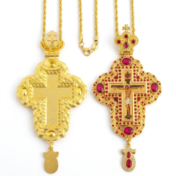 Gold-Plated Orthodox Bishop Pectoral Cross – Ornate Jesus Crucifix Necklace with Customized Enamel & Crystals