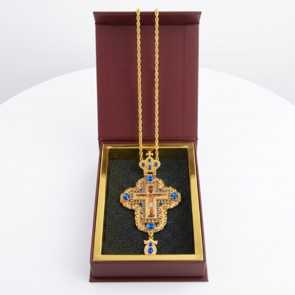 Gold-Plated Orthodox Bishop Pectoral Cross – Ornate Jesus Crucifix Necklace with Customized Enamel & Crystals