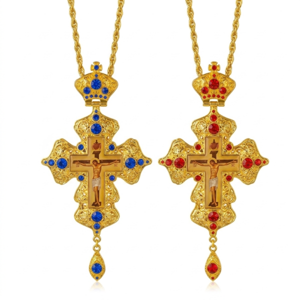 Sovereign Russian Orthodox Filigree Pectoral Cross with Multi-Tonal Gemstones