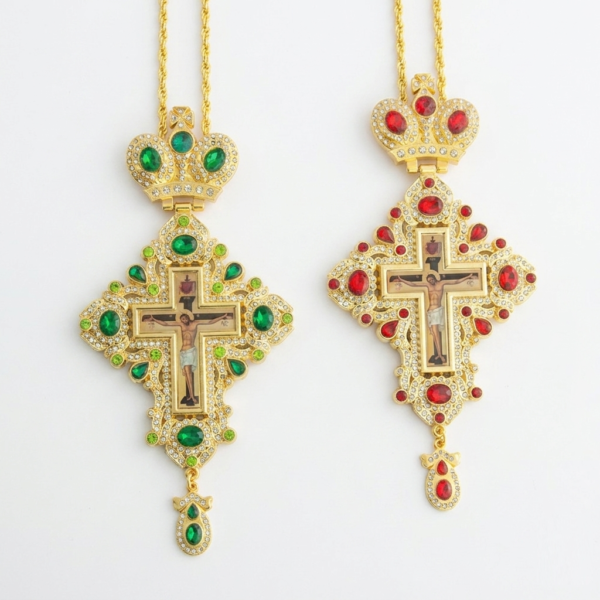 Gold-Plated Greek Orthodox Bishop Pectoral Cross Pendant with Russian Icon of Jesus
