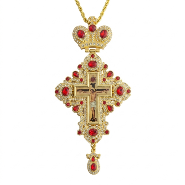 Gold-Plated Greek Orthodox Bishop Pectoral Cross Pendant with Russian Icon of Jesus