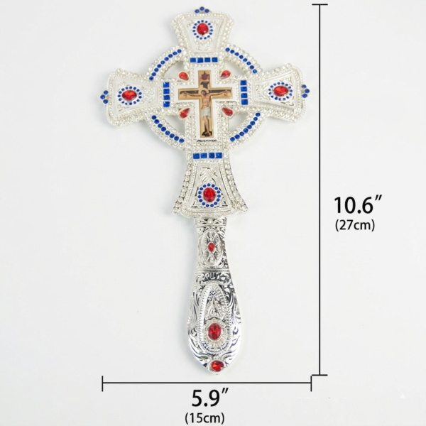 Gold & Silver Plated Orthodox Hand Cross – Ornate Jeweled Jesus Crucifix for Church Ceremonies, Liturgical Blessings, and Religious Parades
