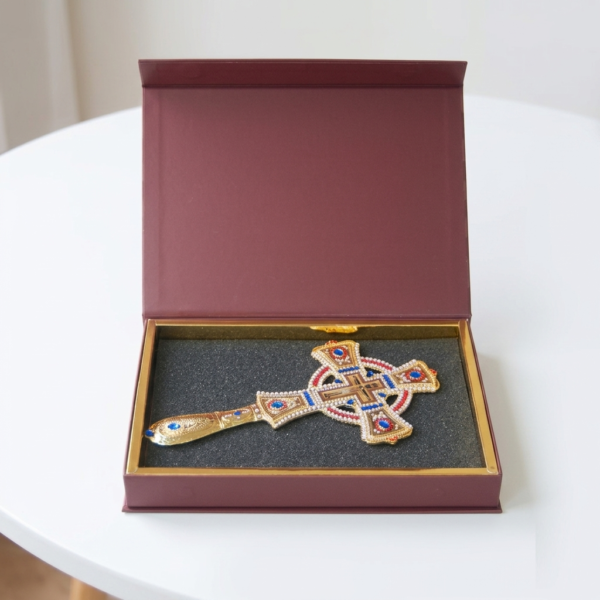 Gold & Silver Plated Orthodox Hand Cross – Ornate Jeweled Jesus Crucifix for Church Ceremonies, Liturgical Blessings, and Religious Parades