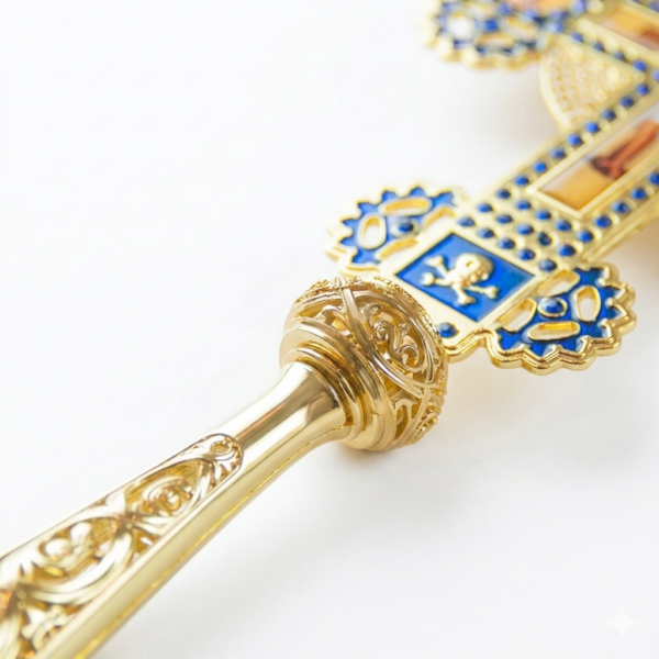 Gold-Plated Orthodox Handheld Crucifix – Ornate Religious Altar Cross with Jesus Icon and Blue Enamel Filigree