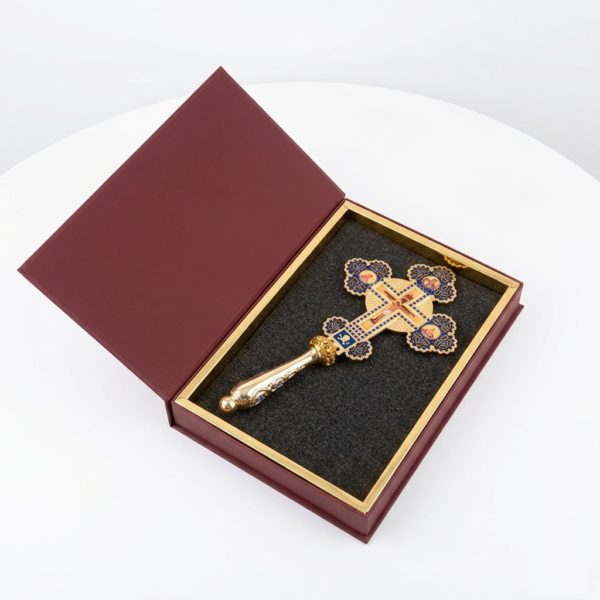 Gold-Plated Orthodox Handheld Crucifix – Ornate Religious Altar Cross with Jesus Icon and Blue Enamel Filigree