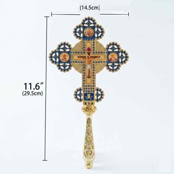 Gold-Plated Orthodox Handheld Crucifix – Ornate Religious Altar Cross with Jesus Icon and Blue Enamel Filigree