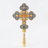 Gold-Plated Orthodox Handheld Crucifix – Ornate Religious Altar Cross with Jesus Icon and Blue Enamel Filigree