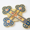 Gold-Plated Orthodox Handheld Crucifix – Ornate Religious Altar Cross with Jesus Icon and Blue Enamel Filigree