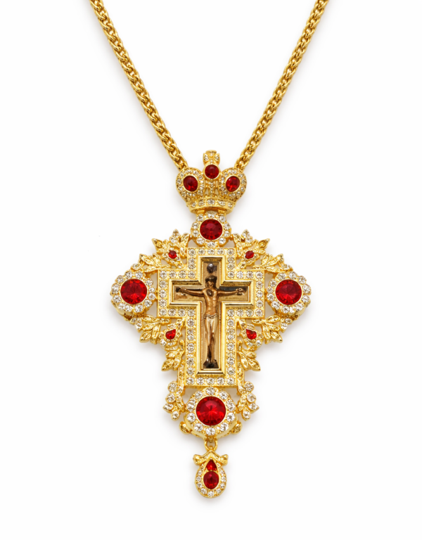 Gold-Plated Imperial Orthodox Pectoral Cross – Ornate Bishop's Crucifix with Ruby Red Crystals and Filigree Detailing