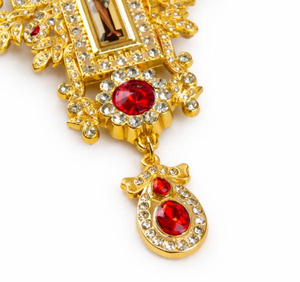 Gold-Plated Imperial Orthodox Pectoral Cross – Ornate Bishop's Crucifix with Ruby Red Crystals and Filigree Detailing