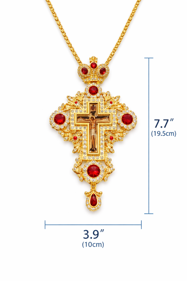 Gold-Plated Imperial Orthodox Pectoral Cross – Ornate Bishop's Crucifix with Ruby Red Crystals and Filigree Detailing