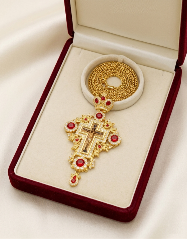 Gold-Plated Imperial Orthodox Pectoral Cross – Ornate Bishop's Crucifix with Ruby Red Crystals and Filigree Detailing